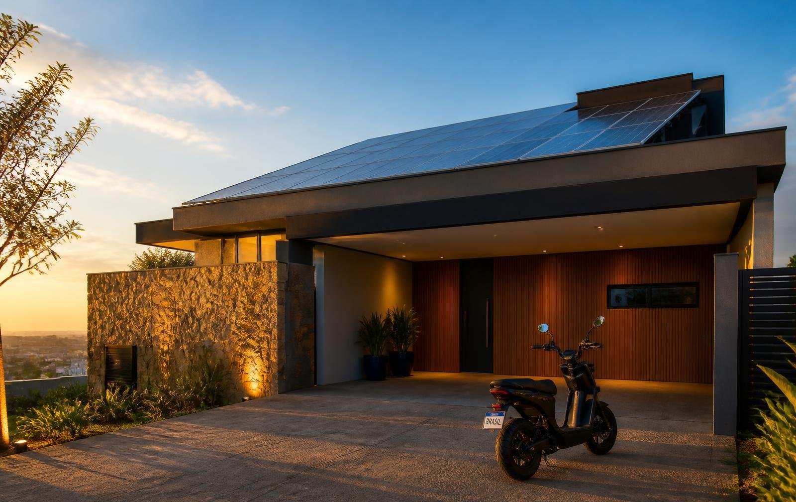 Casa com placas solares no telhado e moto elétrica na garagem